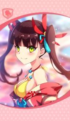 Rule 34 | 1girl, artist request, bikini, bikini top only, blush, breasts, brown hair, cleavage, framed image, green eyes, hair ornament, jewelry, looking at viewer, necklace, official art, phantom of the kill, ribbon, smile, swimsuit, tonbokiri (phantom of the kill), twintails, yellow bikini