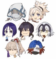 Rule 34 | 1other, 3boys, 3girls, ahoge, archer (fate/samurai remnant), assassin (fate/samurai remnant), black eyes, black hair, blue eyes, blue hair, caster (fate/samurai remnant), chibi, chibi only, dango, drink, eating, fate/samurai remnant, fate (series), food, grey hair, hair intakes, headpiece, highres, holding, holding food, hood, jeanne d&#039;arc alter (fate), jeanne d&#039;arc alter (lancer) (fate), long hair, looking at viewer, mask, miyamoto musashi (fate), mouth mask, multicolored hair, multiple boys, multiple girls, no nose, onigiri, parted bangs, pink hair, ponytail, purple hair, red hair, short hair, smile, ushi gozen (fate), ushi gozen (rider) (fate), wagashi, wataru rei, yamato takeru (fate), yellow eyes