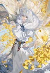 Rule 34 | 1boy, arlizi, blue eyes, blue hair, dress, fate/grand order, fate (series), flower, ginkgo tree, hand on own hip, highres, insect wings, long sleeves, looking at viewer, oberon (fate), open mouth, petals, smile, white dress, wind, wings, yellow flower