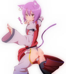 Rule 34 | 1boy, animal ears, ass, blush, bulge, cat ears, cat tail, chaps, chestnut mouth, colored eyelashes, earrings, jewelry, morochin (mo loss an), open mouth, original, purple hair, short hair, tail, thighhighs, trap
