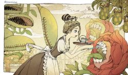 Rule 34 | 1girl, apron, braid, breasts, brushing another&#039;s teeth, brushing teeth, bug, cleavage, cloud, cloudy sky, female focus, french braid, frilled apron, frills, holding, holding toothbrush, leaf, maid, monster, open mouth, original, outdoors, parallela66, plant, plant monster, profile, puffy short sleeves, puffy sleeves, short sleeves, sidelocks, sky, spider, teeth, tongue, tongue out, toothbrush, tree, upper body, white apron