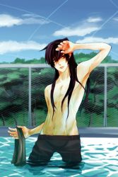 Rule 34 | 00s, 1boy, arm up, bad id, bad pixiv id, chain-link fence, day, expressionless, fence, long hair, macross, macross frontier, male focus, outdoors, pants, pool, saotome alto, topless male, sky, solo, tree, ugly (pixiv), wading, water