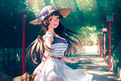 Rule 34 | 1girl, bag, belt, blew andwhite, blurry, breasts, brown hair, casual, choukai (kancolle), cleavage, commentary request, depth of field, dress, glasses, hat, hat ribbon, headgear, highres, kantai collection, lantern, large breasts, leaf, light rays, long hair, looking at viewer, looking back, open mouth, red eyes, ribbon, rope, shimenawa, shrine, signature, smile, solo, sunbeam, sunlight, tree, watch, wristwatch