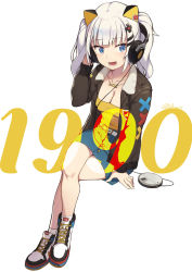 Rule 34 | 1990s (style), 1girl, :d, alternate costume, blue eyes, breasts, character name, cleavage, cloba, collarbone, commentary, crossed legs, d-pad, d-pad hair ornament, digital media player, full body, hair ornament, hairclip, headphones, highres, jacket, jewelry, kaguya luna, long hair, long sleeves, looking at viewer, necklace, open mouth, retro artstyle, simple background, sitting, smile, solo, the moon studio, twintails, virtual youtuber, white background, white hair