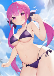 Rule 34 | 1girl, absurdres, ahoge, bare arms, bare shoulders, bikini, bird, black bikini, black bow, black ribbon, blunt bangs, blush, bow, braid, breasts, cleavage, clenched hand, closed mouth, cloud, cloudy sky, colored inner hair, commentary request, cowboy shot, day, hair between eyes, halterneck, highres, hololive, long hair, looking at viewer, medium breasts, minato aqua, multicolored hair, nail polish, navel, outdoors, purple eyes, purple hair, ribbon, side-tie bikini bottom, side braid, sky, smile, solo, stomach, strap gap, streaked hair, string bikini, swimsuit, thighs, toki (1243309499), twintails, underboob, very long hair, virtual youtuber