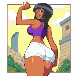 Rule 34 | 1girl, :d, ass, black hair, blunt bangs, breasts, commentary, english commentary, from behind, highres, large breasts, long hair, looking at viewer, nico robin, one piece, open mouth, outdoors, purple tank top, shiny skin, shorts, smile, solo, stealth brock, tank top, white shorts