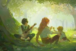 Rule 34 | 3boys, acoustic guitar, animification, black hair, black pants, blonde hair, blue ribbon, braid, braided ponytail, brown pants, brown shorts, character request, child, closed eyes, collared shirt, dappled sunlight, day, dream smp, eyelashes, feisekong286, flower, flower braid, forest, giving, grass, guitar, hair flower, hair ornament, hair over one eye, hand up, highres, holding, holding flower, holding instrument, indian style, instrument, knees up, long hair, long sleeves, looking at another, looking away, moss, multiple boys, music, nature, neck ribbon, on ground, outdoors, outstretched arm, pants, playing instrument, red ribbon, ribbon, rock, shirt, shoes, short hair, shorts, single braid, sitting, sunlight, suspender shorts, suspenders, technoblade, tommyinnit, tree, tree shade, under tree, very long hair, vest, wariza, white shirt, yellow flower