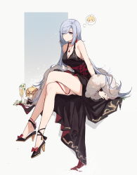 Rule 34 | 1girl, absurdres, aether (genshin impact), alternate costume, black choker, black dress, blue eyes, breasts, choker, cleavage, closed mouth, crossed legs, cup, dress, drinking glass, earrings, feather boa, flower, full body, genshin impact, high heels, highres, jewelry, large breasts, legs, long hair, looking at viewer, mole, mole on thigh, ring, shenhe (genshin impact), simple background, single earring, sitting, solo, stuffed toy, tassel, tassel earrings, thighs, thought bubble, very long hair, white background, white hair, yajuu