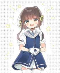 Rule 34 | 1girl, blue dress, blush, brown hair, dress, fujii rino, gloves, kantai collection, looking at viewer, open mouth, own hands together, sailor collar, sailor dress, short hair with long locks, short sleeves, simple background, solo, star (symbol), thighhighs, ukuru (kancolle), white gloves, white thighhighs