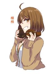 Rule 34 | 1girl, :d, ahoge, assault lily, breasts, brown cardigan, brown eyes, brown hair, cardigan, character name, cropped torso, crossed bangs, from side, grin, hair between eyes, hands up, headphones, headphones around neck, holding, holding headphones, jewelry, kawamura yuzuriha, long sleeves, looking at viewer, looking to the side, medium breasts, necklace, nigari (ngari 0115), odaiba girls high school uniform, open cardigan, open clothes, open mouth, parted lips, partially unbuttoned, pendant, profile, school uniform, shirt, short hair, sideways glance, simple background, sleeves past wrists, smile, solo, translated, upper body, white background, white shirt