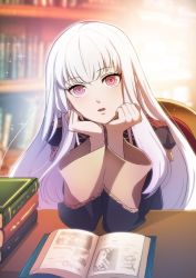 Rule 34 | 1girl, blush, book, chair, epaulettes, fire emblem, fire emblem: three houses, highres, jacket, kokouno oyazi, long hair, long sleeves, looking at viewer, lysithea von ordelia, nintendo, open mouth, pink eyes, purple eyes, solo, sparkle, uniform, upper body, white hair