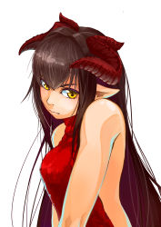 Rule 34 | 1girl, aran sweater, backless dress, backless outfit, bad id, bad pixiv id, bare shoulders, breasts, cable knit, closed mouth, dragon girl, dragon horns, dress, halterneck, highres, horns, kunno, long hair, looking at viewer, meme attire, naked sweater, no bra, original, pointy ears, red dress, red sweater, ribbed sweater, simple background, sleeveless, sleeveless turtleneck, slit pupils, solo, sweater, sweater dress, turtleneck, turtleneck sweater, upper body, very long hair, virgin killer sweater, white background, yellow eyes