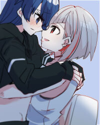 Rule 34 | 2girls, black choker, black jacket, blue eyes, blue hair, blurry, blush, choker, clothes lift, dark blue hair, depth of field, eye contact, face-to-face, from side, girl on top, grey hair, hair down, hand under clothes, hands on another&#039;s back, highres, jacket, kanduki kamibukuro, blue background, link! like! love live!, long hair, long sleeves, looking at another, love live!, multicolored hair, multiple girls, murano sayaka, nose blush, noses touching, open mouth, parted lips, raised eyebrows, red eyes, red hair, short hair, straddling, streaked hair, tank top, upright straddle, white tank top, yugiri tsuzuri, yuri