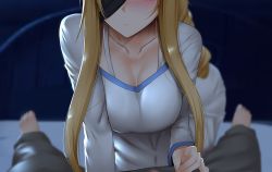 Rule 34 | 1boy, 1girl, alice zuberg, black blindfold, blindfold, blonde hair, blurry, blurry background, blush, breasts, censored, closed mouth, collarbone, commentary request, ginhaha, head out of frame, kirito, large breasts, long hair, long sleeves, mosaic censoring, pants, solo focus, sword art online, sword art online: alicization