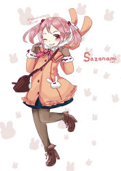 Rule 34 | 10s, 1girl, alternate costume, animal hood, blush, boots, character name, full body, gloves, grin, hair bobbles, hair ornament, high heel boots, high heels, highres, hood, kantai collection, lr hijikata, pantyhose, pink hair, rabbit background, rabbit hood, red eyes, sazanami (kancolle), smile, solo, standing, standing on one leg, twintails, twitter username, white background