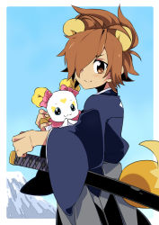 Rule 34 | 10s, 1boy, :3, animal ears, bad id, bad pixiv id, blue background, bow, brown eyes, brown hair, candy (smile precure!), creature, hair over one eye, japanese clothes, kimono, kita panda, pink bow, pop (smile precure!), precure, scabbard, sheath, smile, smile precure!, sword, tail, updo, weapon