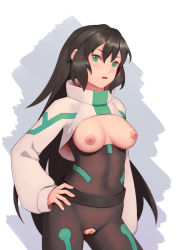 Rule 34 | 1girl, absurdres, arm at side, belt, bigrbear, black bodysuit, black hair, blush, bodysuit, breastless clothes, breasts, breasts out, cleft of venus, cowboy shot, crotchless, green eyes, gundam, gundam build divers, gundam build divers re:rise, hand on own hip, highres, long hair, long sleeves, looking at viewer, may (gundam build divers re:rise), medium breasts, nipples, open mouth, pussy, shrug (clothing), solo, standing, two-tone background, uncensored, wet, wet clothes