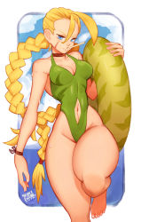 Rule 34 | 1girl, absurdres, adapted costume, antenna hair, bare hips, barefoot, blue eyes, braid, breasts, cammy white, choker, cleavage, clothing cutout, commentary, day, english commentary, female focus, forehead, green one-piece swimsuit, highleg, highleg swimsuit, highres, innertube, lokigun, long hair, medium breasts, navel, navel cutout, no headwear, one-piece swimsuit, outdoors, popsicle stick, scar, solo, standing, standing on one leg, street fighter, swim ring, swimsuit, thick thighs, thighs, twin braids, very long hair, wet