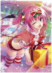 Rule 34 | 1girl, bell, belt, bow, breasts, christmas, cleavage, crop top, fang, gift, hair bow, hair ornament, highres, jingle bell, leaning forward, long hair, midriff, miniskirt, nana asta deviluke, official art, one eye closed, open mouth, pink eyes, pink hair, red shirt, red skirt, santa costume, shirt, skirt, small breasts, smile, solo, striped clothes, striped thighhighs, tail, thighhighs, to love-ru, to love-ru darkness, to love-ru darkness: idol revolution, twintails, yabuki kentarou