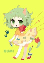Rule 34 | 1girl, ahoge, animal ears, bad id, bad pixiv id, bloomers, bow, cat ears, cat tail, character name, dress, fang, fish, gloves, green eyes, green hair, gumi, haru (kyou), kemonomimi mode, looking at viewer, matching hair/eyes, mouse (animal), neck ribbon, open mouth, orange dress, orange skirt, paw print, pet food, puffy sleeves, ribbon, short hair, simple background, skirt, smile, solo, tail, tail ornament, tail ribbon, thighhighs, underwear, vocaloid, white gloves, white thighhighs, yellow background, zettai ryouiki