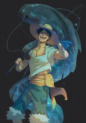 Rule 34 | 1boy, artist name, black hair, closed eyes, commentary, facial scar, fishing rod, hat, holding, holding fishing rod, male focus, monkey d. luffy, one piece, scar, scar on cheek, scar on face, shirt, short hair, short sleeves, sid (skxviii), smile, solo, straw hat, teeth, white shirt