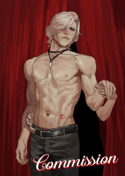 Rule 34 | 1boy, 1girl, absurdres, blue eyes, devil may cry (series), devil may cry 5, highres, holding, jewelry, kiss, lips, looking at viewer, male focus, maozhu, necklace, nose, realistic, smile, solo, tooth necklace, topless male, upper body, v (devil may cry)