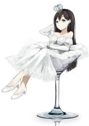 Rule 34 | 1girl, bad id, bad pixiv id, bare shoulders, black hair, blue eyes, cocktail glass, crown, cup, dress, drinking glass, earrings, elbow gloves, female focus, gloves, high heels, highres, in container, in cup, jewelry, levi9452, long hair, looking at viewer, mini crown, mini person, minigirl, original, simple background, sitting, sketch, solo, very long hair, white background, white dress, white gloves, white theme