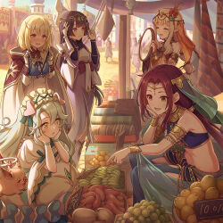 Rule 34 | 5girls, alternate costume, alternate hairstyle, animal ears, blonde hair, blurry, blurry background, blush, brown hair, carpet, closed mouth, food, fruit, green eyes, hands on own cheeks, hands on own face, highres, long hair, mirror, multiple girls, official art, open mouth, precia (princess connect!), princess connect!, clear (princess connect!), lily (princess connect!), ruka (princess connect!), ruka (sarasaria) (princess connect!), saliva, saren (princess connect!), saren (sarasaria) (princess connect!)