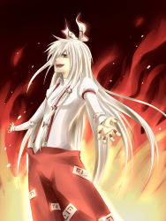 Rule 34 | 1girl, bad id, bad pixiv id, bow, female focus, fire, fujiwara no mokou, hair bow, hair over one eye, hair ribbon, highres, hoshino (pixiv), long hair, long sleeves, nail polish, open mouth, outstretched arms, pants, red eyes, ribbon, shirt, silver hair, solo, spread arms, standing, touhou, white shirt