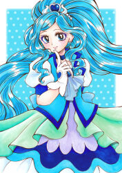 Rule 34 | 1girl, blue choker, blue eyes, blue hair, blue theme, blue vest, choker, colored eyelashes, commentary request, cure fontaine, earrings, gloves, hair ornament, healin&#039; good precure, heart, heart hair ornament, highres, index finger raised, jewelry, long hair, looking at viewer, magical girl, polka dot, polka dot background, ponytail, precure, puffy sleeves, sawaizumi chiyu, shopan (melody1015jump), smile, solo, vest, white gloves, wide ponytail