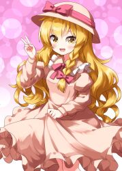 Rule 34 | 1girl, :d, alternate costume, blonde hair, blush, bow, braid, brown dress, brown hat, commentary request, cowboy shot, dot nose, dress, frilled shirt collar, frills, hair between eyes, hair bow, hand up, hat, hat bow, highres, juliet sleeves, kirisame marisa, long hair, long sleeves, looking at viewer, neck ribbon, open mouth, pink background, pink bow, pink ribbon, puffy sleeves, ribbon, ruu (tksymkw), side braid, single braid, skirt hold, smile, solo, standing, touhou, v, wavy hair, yellow eyes