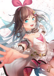 Rule 34 | 1girl, :d, bare shoulders, black bow, blurry, blurry background, blurry foreground, blush, bow, breasts, brown hair, choker, collarbone, commentary request, depth of field, dress, frilled choker, frills, green eyes, hair ribbon, heart, highres, kizuna ai, kizuna ai (anniversary), kizuna ai inc., long hair, looking at viewer, multicolored hair, open mouth, outstretched arm, pink hair, pink ribbon, ribbon, saraki, short shorts, shorts, small breasts, smile, solo, strapless, strapless dress, streaked hair, striped, striped bow, striped choker, teeth, upper teeth only, very long hair, virtual youtuber, white dress, white shorts, wrist cuffs