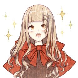Rule 34 | 1girl, :o, blonde hair, hair between eyes, hair ornament, hairpin, highres, long hair, looking up, open mouth, portrait, red hood, red riding hood (sinoalice), rico tta, simple background, sinoalice, solo, star (symbol), teeth, white background, yellow eyes