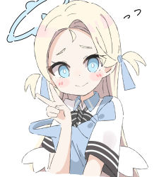 Rule 34 | apron, black bow, blonde hair, blue apron, blue archive, blue eyes, blush stickers, bow, collared shirt, flying sweatdrops, forehead, halo, hand up, highres, kapuru 0410, long hair, low wings, mini wings, shirt, short sleeves, simple background, sora (blue archive), strap slip, striped, striped bow, thick eyebrows, two side up, upper body, v, white background, white shirt, white wings, wings