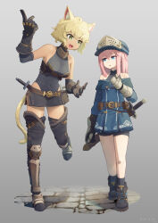 Rule 34 | 2girls, :3, animal ears, armored boots, armored leotard, artist name, bare shoulders, belt, belt pouch, black leotard, black socks, blonde hair, blue coat, blue headwear, blush, boots, breasts, cat ears, cat girl, cat tail, coat, cobblestone, covered navel, dagger, dated, fang, full body, gauntlets, gloves, gorget, green eyes, grey background, hair between eyes, hand up, highres, index finger raised, j.h j.h, knife, leather, leather gloves, leg up, leotard, looking at another, medium hair, multiple girls, off-shoulder coat, off shoulder, open mouth, original, pink hair, pouch, sheath, sheathed, short hair, skin fang, socks, sweatdrop, sword, tail, thigh boots, walking, weapon