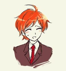 Rule 34 | 1boy, ahoge, atoymk, brown jacket, closed eyes, collared shirt, commentary request, highres, jacket, korean commentary, maeda yuki, male focus, necktie, nervous smile, open mouth, orange hair, portrait, red necktie, shirt, short hair, simple background, sketch, smile, solo, super danganronpa another 2, sweat, white shirt, yellow background