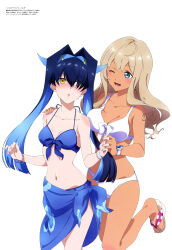 Rule 34 | 2girls, :d, :o, absurdres, bikini, black hair, blue bikini, blue eyes, blue hair, blue sarong, bracelet, breasts, character request, cleavage, collarbone, feet, feet out of frame, floral print, foot out of frame, hair between eyes, hair over one eye, hand on another&#039;s shoulder, highres, holding hands, jewelry, leg up, legs, looking at another, looking at viewer, medium breasts, megami magazine, multicolored hair, multiple girls, nail polish, navel, official art, one eye closed, open mouth, print sarong, sandals, sarong, scan, shadowverse, sidelocks, simple background, small breasts, smile, standing, standing on one leg, swimsuit, toenail polish, toenails, two-tone hair, white background, white bikini, yellow eyes