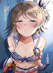 Rule 34 | 1girl, bikini, blue eyes, bow, breasts, brown hair, cleavage, facing viewer, imminent kiss, locker, looking at viewer, love live!, love live! school idol festival all stars, love live! sunshine!!, medium breasts, official alternate costume, ponnu (nikeytina), short hair, solo, stomach, swimsuit, watanabe you