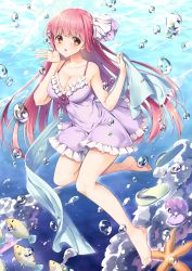 Rule 34 | 1girl, :o, absurdres, aiki chiharu, air bubble, bare arms, bare shoulders, barefoot, blush, breasts, brown eyes, bubble, cleavage, collarbone, commentary request, day, dress, fingernails, freediving, frilled dress, frills, green footwear, hair ribbon, hands up, highres, holding, long hair, medium breasts, neck ribbon, original, outdoors, parted lips, pink hair, purple dress, purple ribbon, red ribbon, ribbon, sandals, unworn sandals, sleeveless, sleeveless dress, solo, underwater, very long hair, wakuta chisaki, water, white ribbon