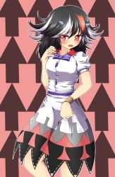 Rule 34 | 1girl, arrow (symbol), black hair, blush, bow, bracelet, desukingu, dress, fang, g (genesis1556), grey horns, horns, jewelry, kijin seija, looking at viewer, multicolored hair, nail polish, open mouth, pink eyes, pointer, puffy sleeves, red eyes, red hair, red nails, short sleeves, silver hair, solo, tears, touhou, white dress
