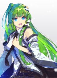 Rule 34 | 1girl, black necktie, black skirt, blue eyes, breasts, commentary, crying, crying with eyes open, detached sleeves, frog hair ornament, glint, green hair, hair ornament, hair tubes, highres, kochiya sanae, long hair, medium breasts, necktie, open mouth, sidelocks, simple background, skirt, snake hair ornament, solo, tears, touhou, upper body, very long hair, white background, wide sleeves, zounose