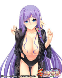 Rule 34 | 1girl, black robe, blue eyes, breasts, casual one-piece swimsuit, cleavage, collarbone, copyright name, koihime musou, kouchuu, large breasts, leaning forward, long hair, official art, one-piece swimsuit, pochadon, purple hair, robe, smile, solo, swimsuit, thigh gap, very long hair