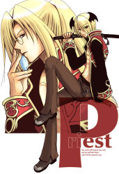 Rule 34 | 2boys, abs, belt, black belt, black coat, black footwear, blonde hair, brown pants, character name, closed mouth, coat, commentary request, crystal, english text, eyes visible through hair, full body, glasses, hair between eyes, holding, holding sword, holding weapon, katana, long hair, long sleeves, looking at viewer, male focus, multicolored coat, multiple boys, open clothes, open coat, pants, pince-nez, ponytail, priest (ragnarok online), purple eyes, ragnarok online, red coat, red eyes, shiiiya, shoes, short hair, smile, sword, two-tone coat, upper body, weapon, white background
