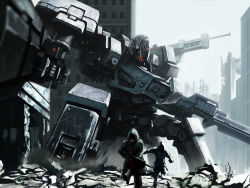 Rule 34 | 1840, 2boys, armored core, city, damaged, debris, destruction, dual wielding, from software, glowing, glowing eyes, gun, holding, mecha, mecha focus, multiple boys, multiple legs, red eyes, rifle, robot, ruins, running, soldier, weapon