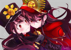 Rule 34 | ..., 1boy, 1girl, :|, artist name, bad id, bad pixiv id, blush, brother and sister, cape, chain, cheek-to-cheek, closed mouth, commentary request, fate/grand order, fate (series), flying sweatdrops, grey background, hat, heads together, long hair, oda nobukatsu (fate), oda nobunaga (fate), oda nobunaga (koha-ace), parted lips, peaked cap, ponytail, red eyes, siblings, signature, spoken ellipsis, tanaka kii, v-shaped eyebrows, very long hair, wavy mouth