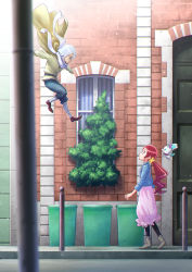 Rule 34 | 1boy, 1girl, black legwear, blue jacket, blurry, blurry foreground, boots, brown footwear, chypre (heartcatch precure!), eye contact, flying, from side, hair ornament, hanasaki tsubomi, heartcatch precure!, highres, itou shin&#039;ichi, jacket, long hair, long skirt, long sleeves, looking at another, olivier (heartcatch precure!), outdoors, pants, pink skirt, precure, profile, red hair, road, short hair, silver hair, skirt, street, twintails