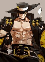 Rule 34 | 1boy, abs, ag ss41, bara, bare pectorals, belt, black jacket, black pants, blonde hair, card, coat, collarbone, fingerless gloves, gloves, grey background, guilty gear, hat, holding, holding card, jacket, johnny (guilty gear), long hair, looking at viewer, male focus, open clothes, open jacket, pants, pectorals, smile, solo, sunglasses