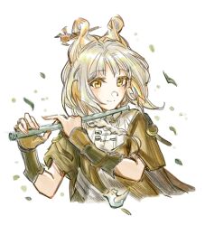 Rule 34 | 1girl, arknights, armor, blonde hair, braid, brown shirt, chinese commentary, closed mouth, commentary request, cropped torso, flute, grain buds (arknights), grey hair, hatching (texture), holding, holding flute, holding instrument, instrument, jiakongshijie566, leaf, linear hatching, long hair, looking at viewer, shirt, short sleeves, simple background, sketch, smile, solo, split mouth, vambraces, white background, white shirt, wind, yellow eyes