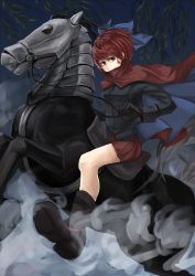 Rule 34 | 1girl, armor, barding, blue background, boots, bow, cape, covering own mouth, gloves, hair bow, headless horseman, horse, horseback riding, kuro ni, long sleeves, looking at viewer, microskirt, red eyes, red hair, reins, riding, sekibanki, short hair, skirt, smoke, solo, touhou, willow, wind