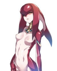 Rule 34 | 1girl, ban! (bansankan), blush, breasts, fins, gills, highres, looking at viewer, medium breasts, mipha, monster girl, navel, nintendo, nipples, nude, out-of-frame censoring, parted lips, simple background, solo, stomach, the legend of zelda, the legend of zelda: breath of the wild, upper body, white background, zora